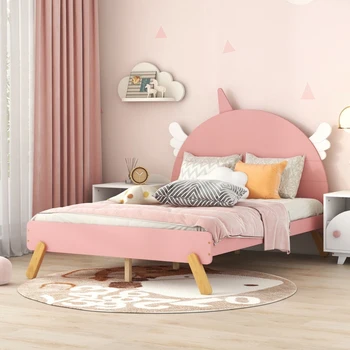 Симпатичная деревянная кровать с изголовьем в форме единорога, полноразмерная кровать на платформе, розовая