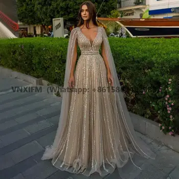 Сшитые на заказ вечерние платья A Line Shine с V-образным вырезом для свадебной вечеринки, длинное роскошное вечернее платье для выпускного вечера 2023 года, расшитое блестками, вечернее платье в Дубае 0