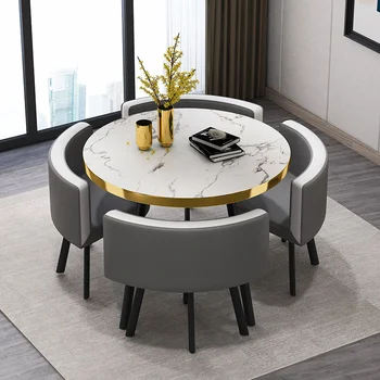 Набор круглых обеденных столов из мрамора 4 стула Современный центральный стол Роскошная белая мебель для квартиры в стиле Эль Хогар GPF26XP