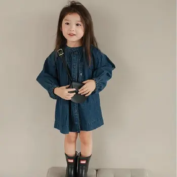 Платье с длинными рукавами для корейских девочек, однотонное джинсовое платье, Детское Весенне-осеннее Свободное Повседневное платье на пуговицах, Детские платья-топы