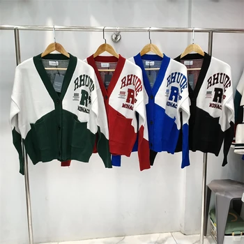 Жаккардовые свитера с логотипом Rhude, толстовки с V-образным вырезом и пуговицами, вязаные мужские и женские кардиганы Rhude в стиле пэчворк