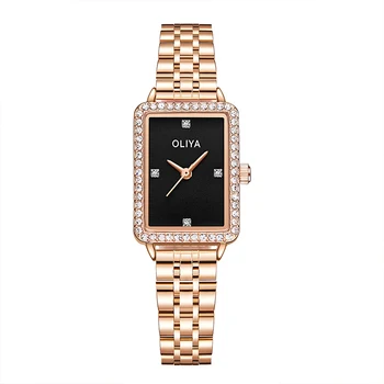 Бренд Oliya, классический темперамент, стильные женские квадратные часы, водонепроницаемые женские часы из нержавеющей стали, инкрустированные бриллиантами 0