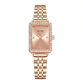 Бренд Oliya, классический темперамент, стильные женские квадратные часы, водонепроницаемые женские часы из нержавеющей стали, инкрустированные бриллиантами 1