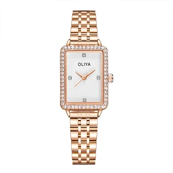 Бренд Oliya, классический темперамент, стильные женские квадратные часы, водонепроницаемые женские часы из нержавеющей стали, инкрустированные бриллиантами 2