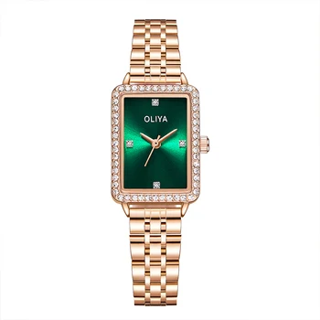 Бренд Oliya, классический темперамент, стильные женские квадратные часы, водонепроницаемые женские часы из нержавеющей стали, инкрустированные бриллиантами 3