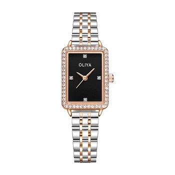 Бренд Oliya, классический темперамент, стильные женские квадратные часы, водонепроницаемые женские часы из нержавеющей стали, инкрустированные бриллиантами 4