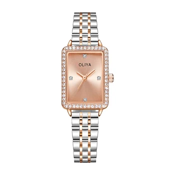 Бренд Oliya, классический темперамент, стильные женские квадратные часы, водонепроницаемые женские часы из нержавеющей стали, инкрустированные бриллиантами 5