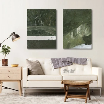 Бескаркасный холст с 2 панелями, простая Зеленая Современная абстрактная живопись ручной работы, настенное искусство, картина для украшения отеля, произведение искусства