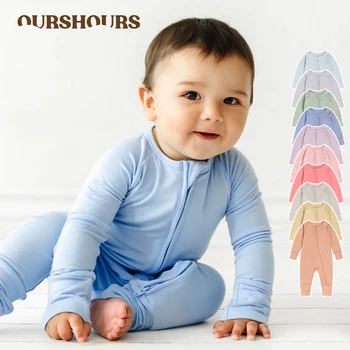Детские комбинезоны из бамбукового волокна, однотонные детские пижамы на молнии с длинными рукавами для новорожденных, Слиперы для мальчиков и девочек, мягкая одежда 0