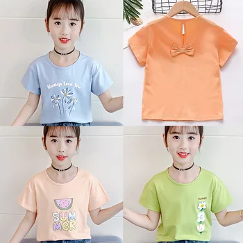 2023, Корея, Летние детские топы с короткими рукавами, футболка с круглым вырезом для младших девочек, одежда для девочек-подростков, хлопковая толстовка для девочек начальной школы 0