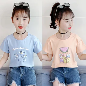 2023, Корея, Летние детские топы с короткими рукавами, футболка с круглым вырезом для младших девочек, одежда для девочек-подростков, хлопковая толстовка для девочек начальной школы 1