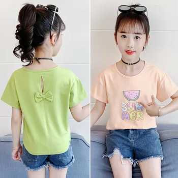 2023, Корея, Летние детские топы с короткими рукавами, футболка с круглым вырезом для младших девочек, одежда для девочек-подростков, хлопковая толстовка для девочек начальной школы 2