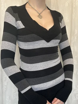 Женская футболка в полоску с длинным рукавом, повседневные блузки приталенного кроя с V-образным вырезом 4