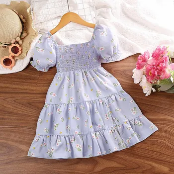 2023 Новые Детские платья для девочек Sweet Puff, Летние платья с коротким рукавом, праздничный костюм с цветочным принтом, детская одежда 3-7 лет 0