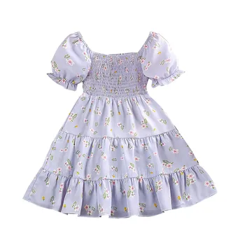 2023 Новые Детские платья для девочек Sweet Puff, Летние платья с коротким рукавом, праздничный костюм с цветочным принтом, детская одежда 3-7 лет 1