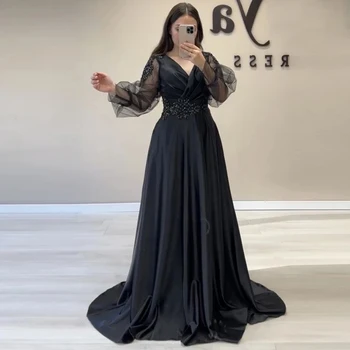 Вечерние женские вечерние платья черный V-образным вырезом арабский формальное атласная бисером плиссированные знаменитости выпускного вечера, свадьбы, знаменитости, мода  0