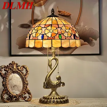DLMH Современная латунная настольная лампа LED European Tiffany Shell Decor Ретро Медные настольные лампы для дома Гостиной Спальни