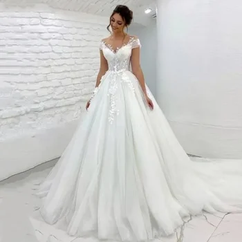 Элегантные свадебные платья принцессы из тюля, прозрачная горловина, рукава-чепчики, Свадебное платье с кружевной аппликацией и пуговицами сзади, свадебное платье Robe De Mariage 0
