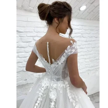 Элегантные свадебные платья принцессы из тюля, прозрачная горловина, рукава-чепчики, Свадебное платье с кружевной аппликацией и пуговицами сзади, свадебное платье Robe De Mariage 3