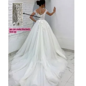 Элегантные свадебные платья принцессы из тюля, прозрачная горловина, рукава-чепчики, Свадебное платье с кружевной аппликацией и пуговицами сзади, свадебное платье Robe De Mariage 5
