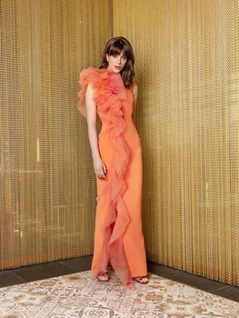 Оранжевое платье для выпускного вечера с рюшами по краю, элегантное вечернее платье с разрезом по краю, элегантное платье для свадебной вечеринки на заказ