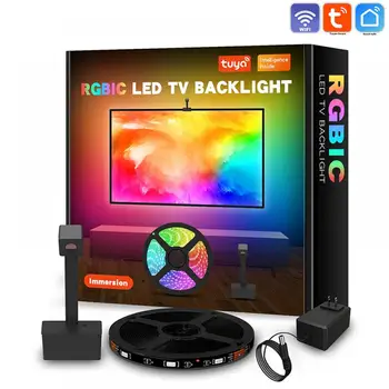 Светодиодная Подсветка телевизора RGBIC WIFI App Control с камерой, Многоцветная Синхронизация Музыки, Полоса Внешней Подсветки телевизора для Комплектов ПК с диагональю 55-65 дюймов