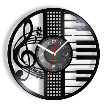 Скрипичный ключ Пианино Виниловый CD Диск Настенные часы Музыкальный инструмент Настенные часы со светодиодом Винтажный Подарок в стиле ретро для пианистов