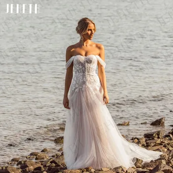 Свадебные платья JEHETH Beach Для невесты Кружевная аппликация С открытыми плечами, свадебное платье без спинки, Тюлевое платье в виде сердечка, Vestidos De Boda 2023
