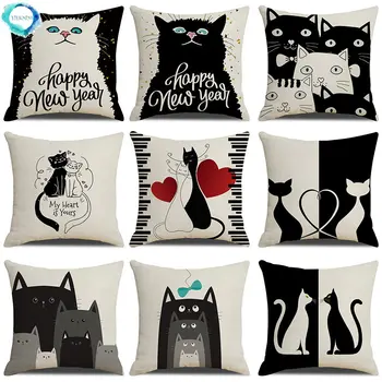 Черно-белый чехол для подушки с принтом милого кота, декоративные чехлы для дивана, наволочки для кофейного стула, наволочка для автомобиля