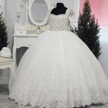 Бальное платье, Блестящий жемчуг, кристаллы, свадебное платье с цветочным узором для девочек, детское платье для первого причастия с коротким рукавом