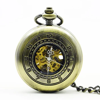 Римские цифры Карманные часы с механическим ручным заводом, Бронзовый брелок с цепочкой, мужские винтажные карманные часы с открытым циферблатом