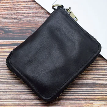 Мужской винтажный короткий кошелек на молнии из воловьей кожи с верхним слоем, многофункциональная сумка для карточек из кожи растительного дубления Zero