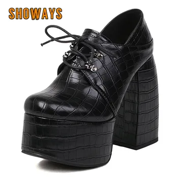 Модные женские туфли-лодочки на платформе, черные дерби с крокодиловым узором на высоком каблуке-копытце, женские броги для британских вечеринок и клубов с квадратным носком на шнуровке.