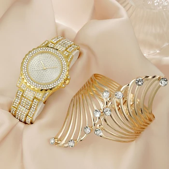 Роскошные женские кварцевые часы с круглым светом и бриллиантами + браслет в стиле панк-крыло 0