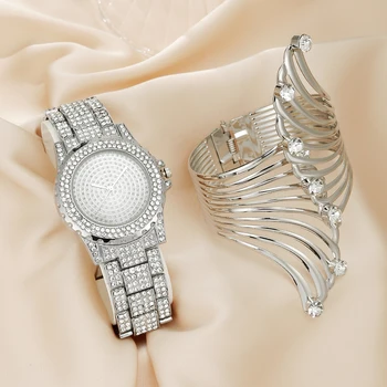 Роскошные женские кварцевые часы с круглым светом и бриллиантами + браслет в стиле панк-крыло 1