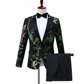 Элегантные костюмы с вышивкой в китайском стиле для мужчин, цветочный блейзер, Приталенный Зеленый Модный сценический костюм с вышивкой Homme