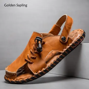Летние мужские сандалии Golden Sapling; пляжная обувь из натуральной кожи для мужчин; Дышащая обувь для отдыха; Повседневные сандалии на плоской подошве на платформе;