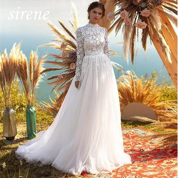 Sirene Элегантные свадебные платья с круглым вырезом и длинными рукавами 2023 года С кружевными аппликациями на пуговицах, Платья для невесты трапециевидной формы для женщин 0