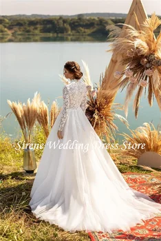 Sirene Элегантные свадебные платья с круглым вырезом и длинными рукавами 2023 года С кружевными аппликациями на пуговицах, Платья для невесты трапециевидной формы для женщин 1