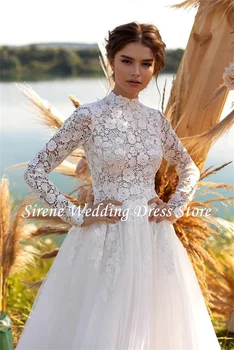 Sirene Элегантные свадебные платья с круглым вырезом и длинными рукавами 2023 года С кружевными аппликациями на пуговицах, Платья для невесты трапециевидной формы для женщин 2