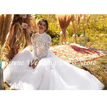 Sirene Элегантные свадебные платья с круглым вырезом и длинными рукавами 2023 года С кружевными аппликациями на пуговицах, Платья для невесты трапециевидной формы для женщин 3