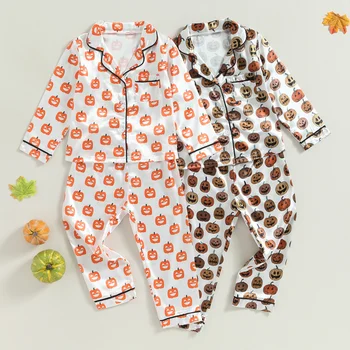 Комплекты детских брюк для мальчиков Citgeett на осень и Хэллоуин, топы с длинными рукавами и пуговицами с лацканами и комплекты брюк с принтом тыквы