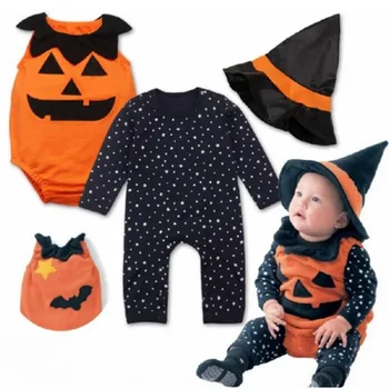 Комплекты одежды для новорожденных мальчиков, комбинезон с принтом тыквы на Хэллоуин, комбинезоны, детские комбинезоны + жилет + шляпы, одежда для девочек, костюмы 0