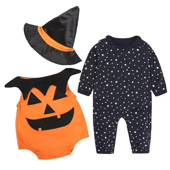Комплекты одежды для новорожденных мальчиков, комбинезон с принтом тыквы на Хэллоуин, комбинезоны, детские комбинезоны + жилет + шляпы, одежда для девочек, костюмы 1