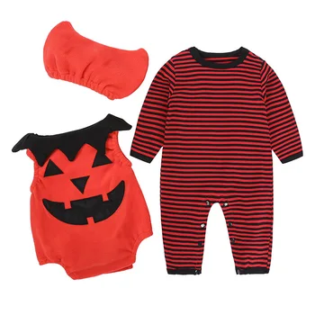 Комплекты одежды для новорожденных мальчиков, комбинезон с принтом тыквы на Хэллоуин, комбинезоны, детские комбинезоны + жилет + шляпы, одежда для девочек, костюмы 5