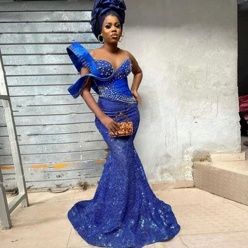 Синие платья для выпускного вечера, бусины Aso Ebi, Вечернее платье Русалки, Длинные Кружевные вечерние платья в нигерийском стиле с блестками, Кристаллы abendkleier на заказ